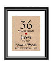36 Years down forever to go is a personalized anniversary print to show that special loved one just how much you appreciate them. This makes for the perfect gift for your husband, wife, partents or any other couple celebrating 36 years!  36 Years Down Forever to Go Personalized Anniversary Burlap or Cotton Print