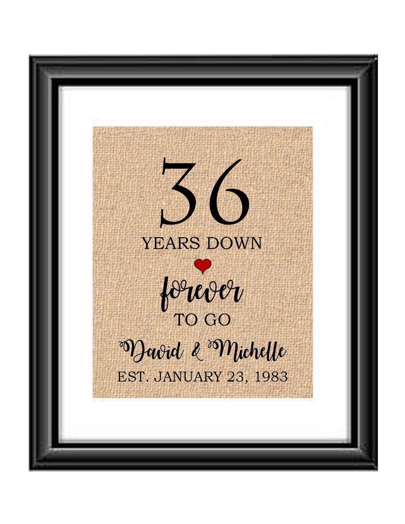 36 Years down forever to go is a personalized anniversary print to show that special loved one just how much you appreciate them. This makes for the perfect gift for your husband, wife, partents or any other couple celebrating 36 years!  36 Years Down Forever to Go Personalized Anniversary Burlap or Cotton Print