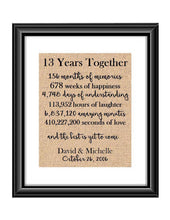 This is the perfect 13 year anniversary gift for that special lady or gentleman in your life. This particular print also makes a great wedding gift for that special couple.  13 Years Together And The Best is Yet to Come Anniversary Burlap or Cotton Personalized Print