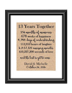 This is the perfect 13 year anniversary gift for that special lady or gentleman in your life. This particular print also makes a great wedding gift for that special couple.  13 Years Together And The Best is Yet to Come Anniversary Burlap or Cotton Personalized Print