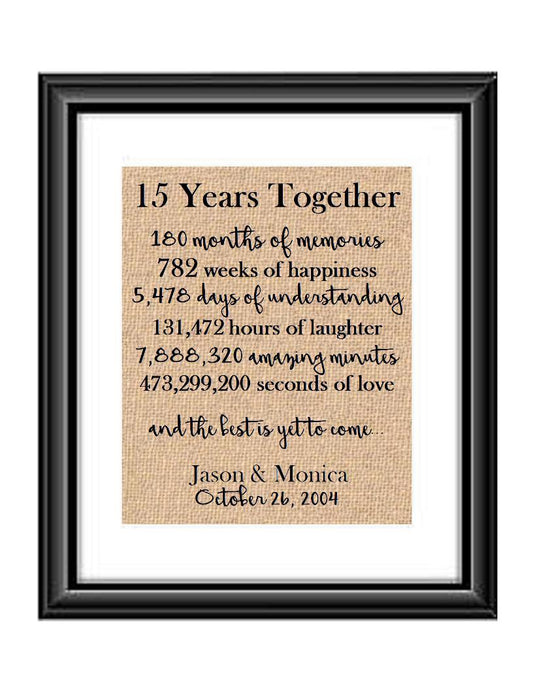 This is the perfect 15 year anniversary gift for that special lady or gentleman in your life. This particular print also makes a great wedding gift for that special couple.  15 Years Together And The Best is Yet to Come Anniversary Burlap or Cotton Personalized Print