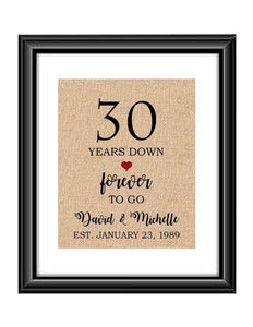 30 Years down forever to go is a personalized anniversary print to show that special loved one just how much you appreciate them. This makes for the perfect gift for your husband, wife, partents or any other couple celebrating 30 years!  30 Years Down Forever to Go Personalized Anniversary Burlap or Cotton Print