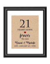 21 Years down forever to go is a personalized anniversary print to show that special loved one just how much you appreciate them. This makes for the perfect gift for your husband, wife, partents or any other couple celebrating 21 years!  21 Years Down Forever to Go Personalized Anniversary Burlap or Cotton Print