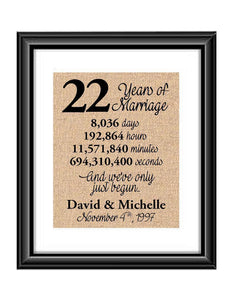 This is the perfect 22 year anniversary gift for that special lady or gentleman in your life. This particular print also makes a great wedding gift for that special couple.  22 Years of Marriage And We've Only Just Begun Anniversary Burlap or Cotton Personalized Print