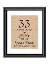 33 Years down forever to go is a personalized anniversary print to show that special loved one just how much you appreciate them. This makes for the perfect gift for your husband, wife, partents or any other couple celebrating 33 years!  33  Years Down Forever to Go Personalized Anniversary Burlap or Cotton Print