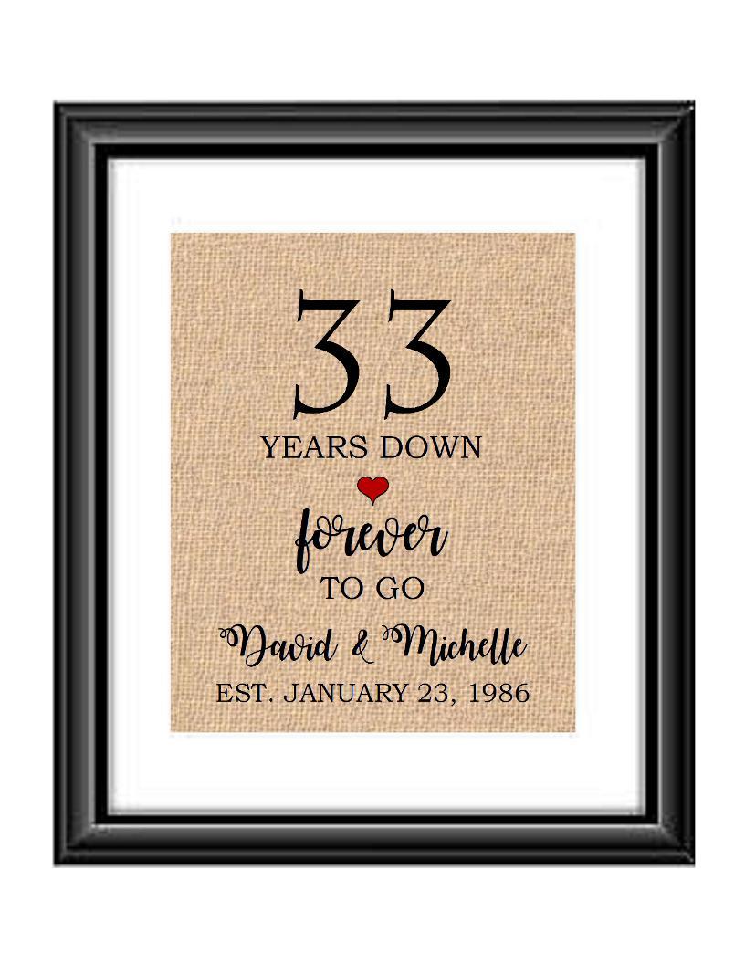 33 Years down forever to go is a personalized anniversary print to show that special loved one just how much you appreciate them. This makes for the perfect gift for your husband, wife, partents or any other couple celebrating 33 years!  33  Years Down Forever to Go Personalized Anniversary Burlap or Cotton Print
