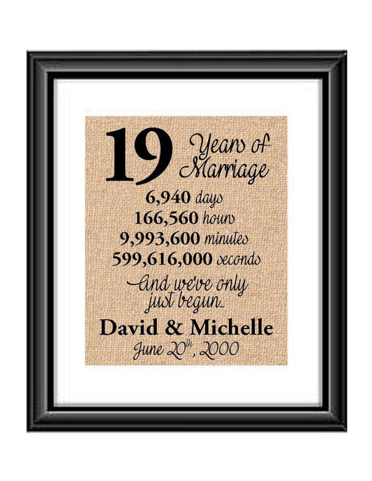 This is the perfect 19 year anniversary gift for that special lady or gentleman in your life. This particular print also makes a great wedding gift for that special couple.  19 Years of Marriage And We've Only Just Begun Anniversary Burlap or Cotton Personalized Print