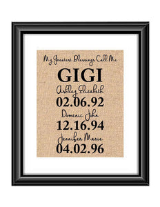 This handmade burlap print is the perfect gift for Gigi, Mimi, Mom, Dad, Nana, Grandma - whatever you call that special person in your life! Ideal for many occasions like Christmas, Mother's Day, Father's Day, birthdays, any holidays, and more.  My Greatest Blessings Call Me GIGI Burlap or Cotton Personalized Print