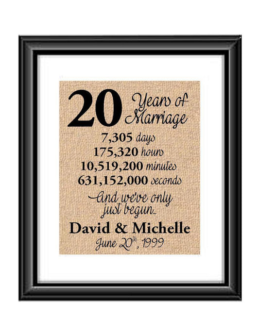 This is the perfect 20 year anniversary gift for that special lady or gentleman in your life. This particular print also makes a great wedding gift for that special couple.  20 Years of Marriage And We've Only Just Begun Anniversary Burlap or Cotton Personalized Print