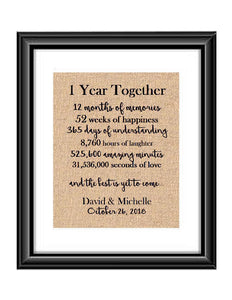 This is the perfect 1 year anniversary gift for that special lady or gentleman in your life. This particular print also makes a great wedding gift for that special couple.  1 Year Together Anniversary Burlap or Cotton Personalized Print