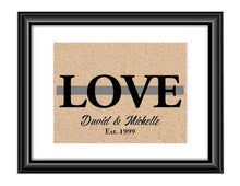Showcase your love with this Personalized Correction Officer Thin Silver Gray Line Love Print. This particular print has the word LOVE in large capital letters with a green line through the middle and underneath it is personalized with the couples first names and established date.  Correction Officer Love Thin Silver Gray Line Personalized Burlap or Cotton Print