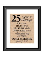 This is the perfect 25 year anniversary gift for that special lady or gentleman in your life. This particular print also makes a great wedding gift for that special couple.  25 Years of Marriage And We've Only Just Begun Anniversary Burlap or Cotton Personalized Print