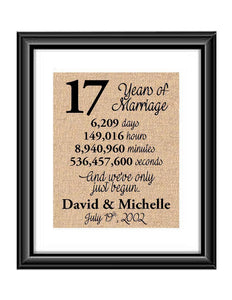 This is the perfect 17 year anniversary gift for that special lady or gentleman in your life. This particular print also makes a great wedding gift for that special couple.  17 Years of Marriage And We've Only Just Begun Anniversary Burlap or Cotton Personalized Print
