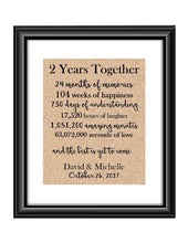 This is the perfect 2 year anniversary gift for that special lady or gentleman in your life. This particular print also makes a great wedding gift for that special couple.  2 Year Together Anniversary Burlap or Cotton Personalized Print