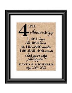 This is a great anniversary gift for that special couple celebrating 4 years of marriage. Print comes personalized with couples first names and wedding date.  4th Anniversary And we've Only Just Begun Personalized Burlap or Cotton Print