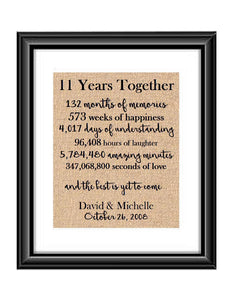 This is the perfect 11 year anniversary gift for that special lady or gentleman in your life. This particular print also makes a great wedding gift for that special couple.  11 Years Together And The Best is Yet to Come Anniversary Burlap or Cotton Personalized Print