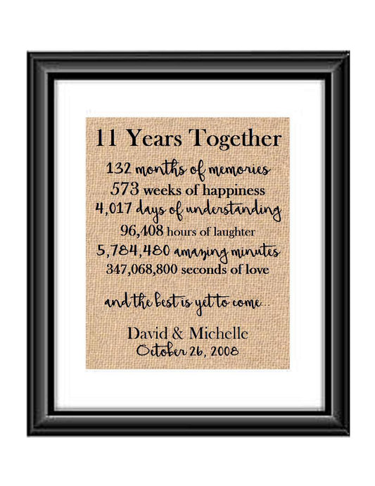This is the perfect 11 year anniversary gift for that special lady or gentleman in your life. This particular print also makes a great wedding gift for that special couple.  11 Years Together And The Best is Yet to Come Anniversary Burlap or Cotton Personalized Print