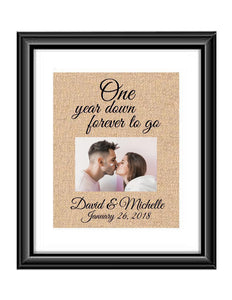 1 Year down forever to go is a personalized anniversary print that allow that special couple to include a picture to celebrate their 1st anniversary. This makes for the perfect gift for your husband, wife, partents or any other couple celebrating 1 year together!