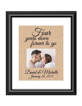4 Years down forever to go is a personalized anniversary print that allow that special couple to include a picture to celebrate their 4th anniversary. This makes for the perfect gift for your husband, wife, partents or any other couple celebrating 4 years together!