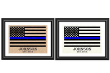 Thin Blue Line American Flag Personalized Burlap or Cotton Police Print